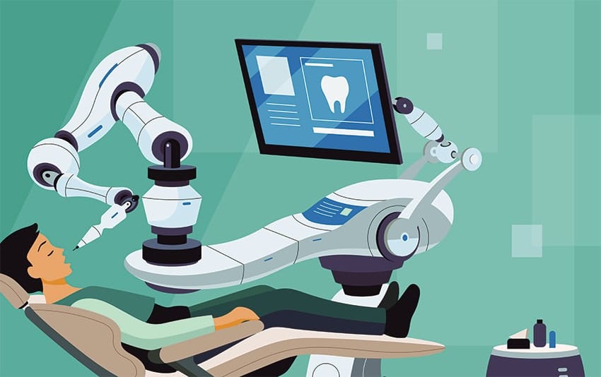 illustration of a man sitting in a dental chair while a robot works on his teeth